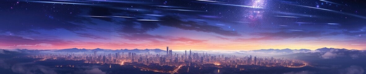 Fototapeta premium Landscape view on falling stars perseids, clear dark night sky, panorama banner. Generative Ai.