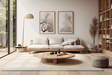 Japandi-inspired living roomมdecor features a selection of natural materials and a soothing neutral color palette, accompanied by minimalist furniture,Japanese simplicity 