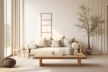 Japandi-inspired living roomมdecor features a selection of natural materials and a soothing neutral color palette, accompanied by minimalist furniture,Japanese simplicity 