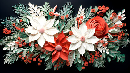 Flower composition made of paper. Red color. Leaves, plants, buds.