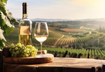 Bottle of grape wine and a glass with plantation background. - obrazy, fototapety, plakaty