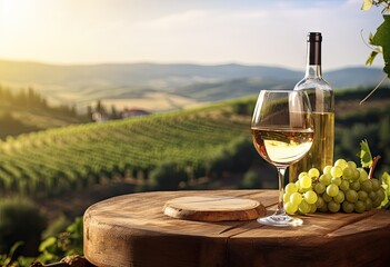 Bottle of grape wine and a glass with plantation background.