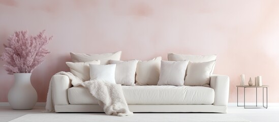 Silver artwork displayed over beige couch adorned with soft pastel cushions in living space featuring white carpet on the ground