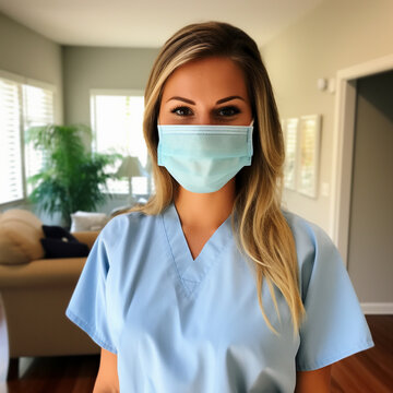 A smiling nurse, seriouse, wearing a blue uniform, face mask