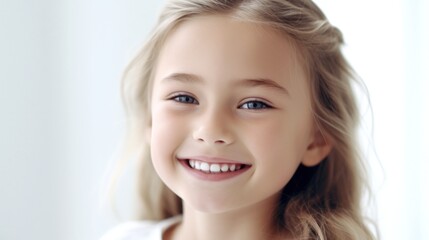 Fototapeta premium Perfect kids smile, happy child with beautiful white milk toothy smile, child dental care. 