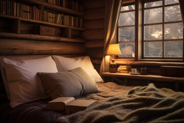 cozy bed closeup in rustic interior of a log cabin bedroom - obrazy, fototapety, plakaty
