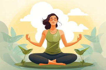 Obraz na płótnie Canvas woman doing yoga in the lotus position with nature and cloud as backdrop illustration. Meditation and mental health awareness. Mindfulness practice. 
