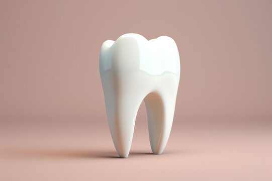 White ceramic tooth 3d render model on beige background. Dentist clinic poster. Tooth pain 3d illustration. Dental care. 