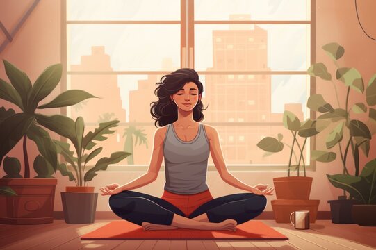 Woman doing yoga in apartment with green plants and city view. Meditation and mental health awareness. Mindfulness practice. 
