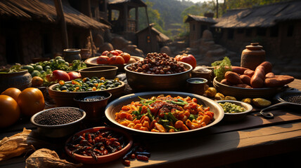 Naklejka premium Traditional African cuisine delicacies, couscous, chicken, vegetables, hot spices and more