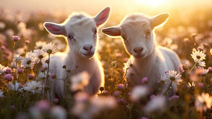 Two baby goats playing in the green field