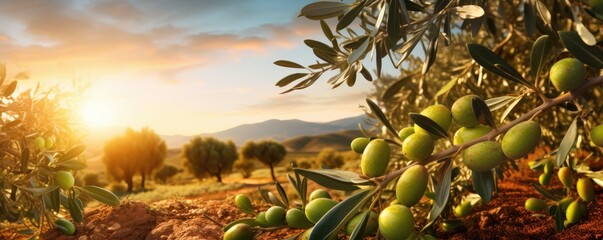 Fototapeta premium Fresh bio green olives in olives tree farm, healthy food panorama banner with sunset. Generative Ai.