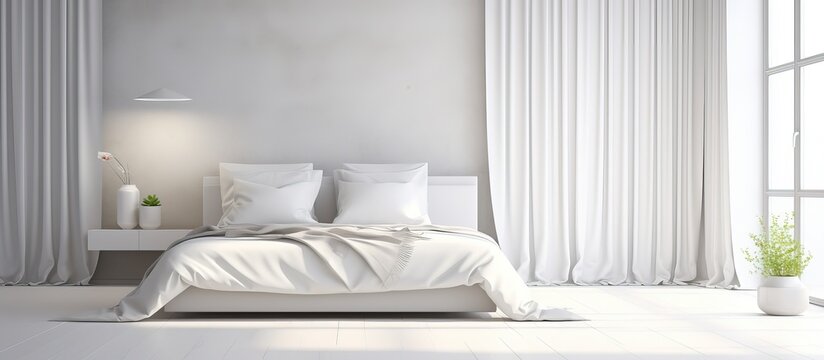 depiction of a Nordic home with a white minimalist bedroom featuring a double bed large wall curtains and a landscape view outside the window