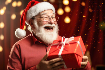 Fototapeta na wymiar Happy old man in Santa Claus hat receiving Christmas present at home. Christmas concept