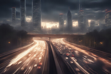 The motion blur of a busy urban highway during the evening rush hour. The city skyline serves as the background in cinematic vibes