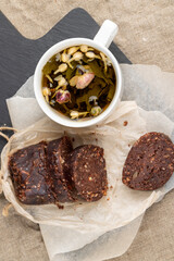 chocolate mass made from butter with the addition of cocoa and peanuts with cookies