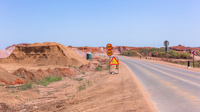 Construction New Road Detours Signs Earthworks Machines