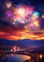 Fototapeta na wymiar Night view on celebration of new year with colorful fireworks. Generative Ai.