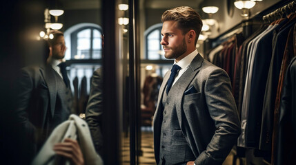 stockphoto, high quality photo, A man in a classic suit stands in the fitting room of a men's clothing luxury boutique store. Luxury suite for men. Elegant clothing.