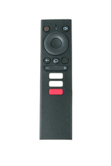 The TV remote control is isolated on a white background.