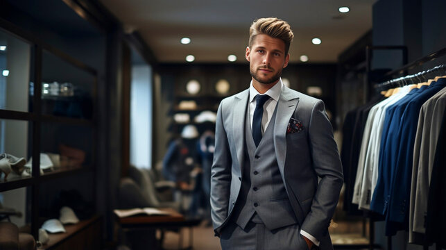 stockphoto, high quality photo, A man in a classic suit stands in the fitting room of a men's clothing luxury boutique store. Luxury suite for men. Elegant clothing.