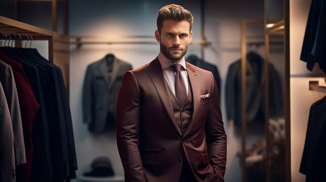 stockphoto, high quality photo, A man in a classic suit stands in the fitting room of a men's clothing luxury boutique store. Luxury suite for men. Elegant clothing.
