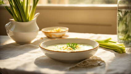 Creamy leek soup in the kitchen - obrazy, fototapety, plakaty
