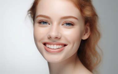 Obraz premium Beautiful wide smile of healthy woman, white teeth close up, dentist tooth whitening