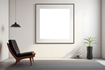 Mockup square frame hanging on the wall of the entrance room. Large blank banner. Illustration of interior without people. Natural light.