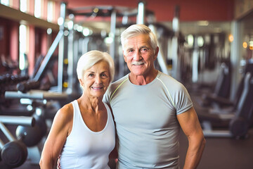 Shot of a senior couple working out in a sports club. They work with dumbbells and machines, couple in the gym - obrazy, fototapety, plakaty