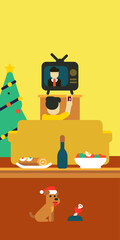 Illustration of guy watching new year greeting on tv. New Year table vector illustration in minimalistic style