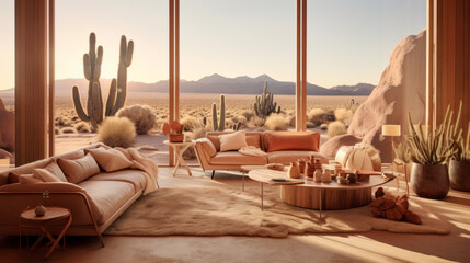Scandinavian Desert Retreat Inspired by desert aesthetics, with warm earthy colors, cacti decor, and natural wood and leather furniture 
