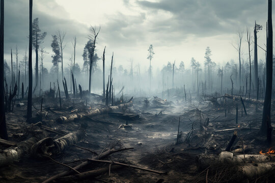 image of a cleared forest area with a few remaining trees, representing the devastating effects of deforestation