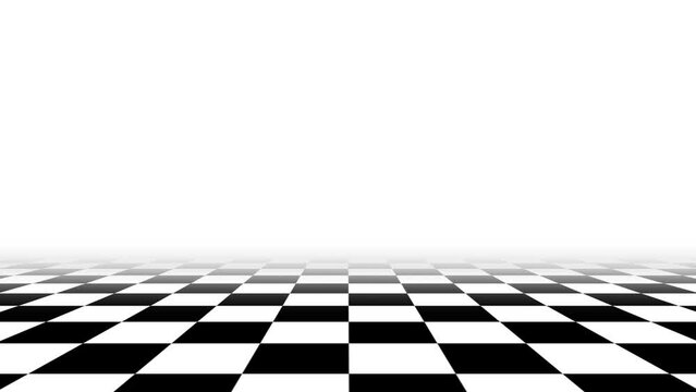 Retro animated background with black and white checkered floor, vaporwave aesthetics. Chess board style loop. Surreal vaporwave with a checkerboard floor. Vintage style retro black and white backdrop