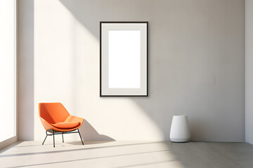 Mockup vertical frame hanging on the wall of the entrance room. Large blank banner. Illustration of interior without people. Natural light.