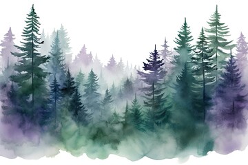 Fototapeta na wymiar Watercolor painting of spruce forest. Coniferous foggy forest illustration. Fir or pine trees for Christmas design. Misty winter abstract background, holiday background