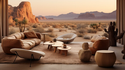 Scandinavian Desert Retreat Taking cues from desert aesthetics, it incorporates warm earthy colors, cacti decor, and natural wood and leather furnishings