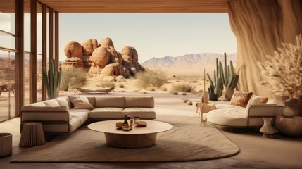 Foto op Plexiglas Scandinavian Desert Retreat Taking cues from desert aesthetics, it incorporates warm earthy colors, cacti decor, and natural wood and leather furnishings © Textures & Patterns