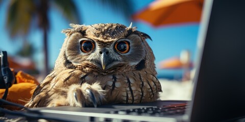 Wise owl bird sits at a laptop. Symbol of knowledge and learning. Concept of programming and technology courses. Cute owlet with a computer - background for advertising.