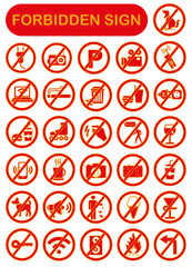 Various prohibition signs in orange on a white background, vector illustration.