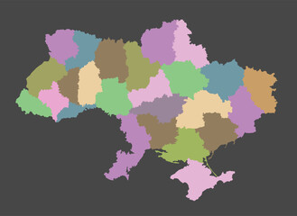 The map of Ukraine is divided by regions. Isolated illustration of Ukrainian country map. Vector graphics.