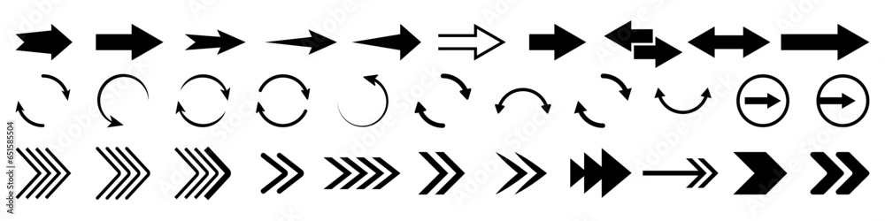 Poster large set of vector arrows in black on an isolated background. arrows of different shapes and thickn
