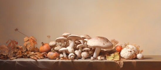 Macro closeup of various mushrooms used for cooking that have detoxifying properties isolated pastel background Copy space