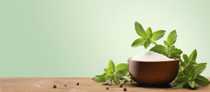 Isolated fresh stevia sugar in a wooden bowl isolated pastel background Copy space