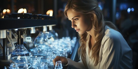 Beautiful girl scientist sits in a scientific laboratory with a microscope and test tubes. Scientific background for advertising medicine, research, vaccines, caring for people's health.
