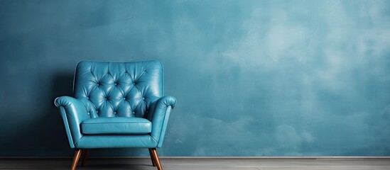 Leather blue armchair secured together isolated pastel background Copy space