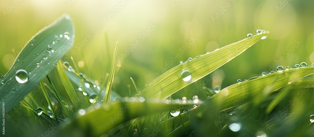 Canvas Prints Morning sunlight illuminates sparkling dew drops isolated pastel background Copy space grass leaves for macro photography