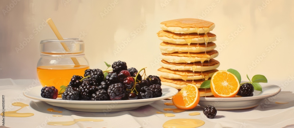 Poster mini pancakes topped with fruit and honey on a plate accompanied by yogurt and honey in the backgrou