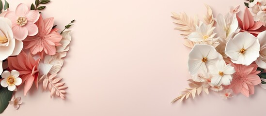 Obraz premium Ideal wedding decoration Floral geometry in black featuring isolated leaves and flowers isolated pastel background Copy space