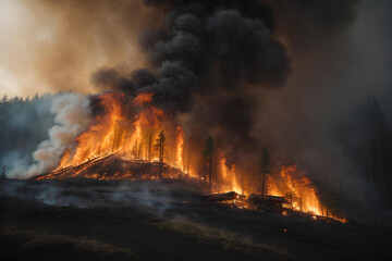 Forest fire. Grass and trees are burning. Fire and smoke. Ecological catastrophe.